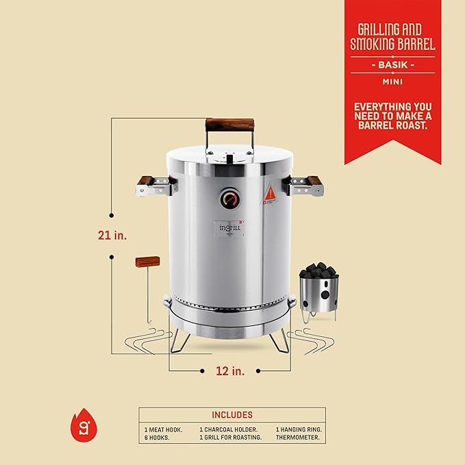 Charcoal Grills - Basic Mini 6 lbs - 3-in-1 Stainless Steel Ultra-Portable Smoker Grill for Outdoors, Camping and Home BBQ - Compact Vertical Smoker Barrel Grill with Thermometer & Accessories