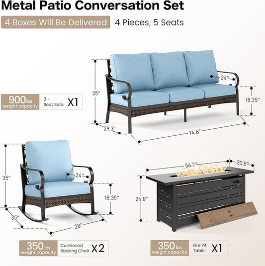 4 Piece Black Metal Outdoor Patio Furniture Sets with Firepit Table, Patio Conversation Sets 1 3-Seater Sofa, 2 Rocking Sofa with 5.75" Thick Cushion Backyard Furniture for Deck, Blue