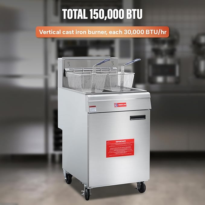 WESTLAKE Commercial Gas Deep Fryer, Stainless Steel Free Standing Floor Frye with Baskets 5 Tube 150000 BTU 70LB for Restaurants