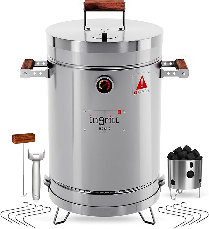 3-in-1 Stainless Steel Smoker Barrel Grill – Portable Charcoal BBQ with Thermometer, 12 lbs Outdoor Cooking Smoker for Camping, Backyard & Home BBQ INGRILL
