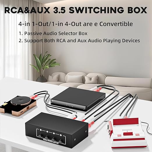 4 Channels 3.5mm Aux + RCA L/R Audio Switcher Box 4 in 1 Out/ 1 in 4 Out Bidirectional,4 in 1 Out A/B Analog Audio Switcher Selector No Power Need