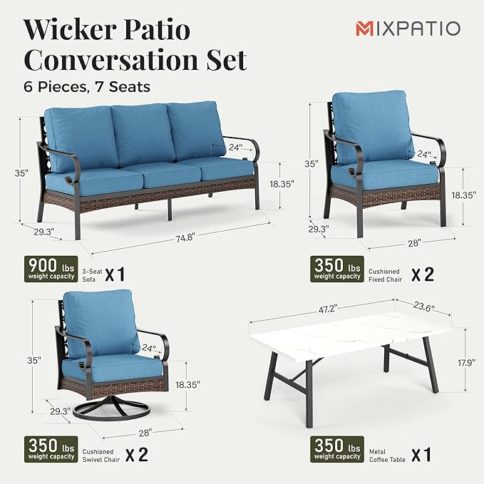 Patio Furniture Set with Firepit Table, Black Frame Outdoor Conversation Set with 2 x Fixed Chairs, 2 x Swivel Chairs, 1 x 3-Seat Sofa for Lawn Garden Backyard, Navy Blue