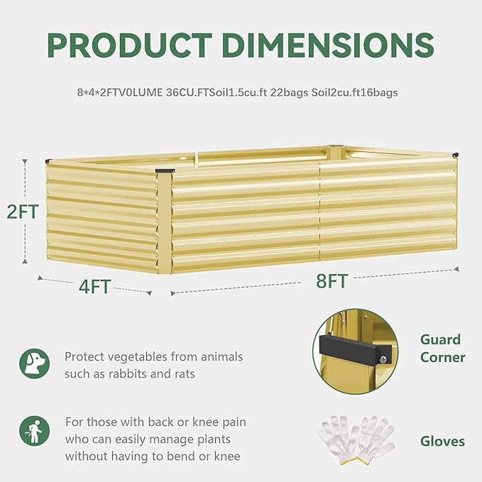 FOOWIN 2pcs 8x4x2ft Galvanized Raised Garden Bed, Planter Raised Garden Boxes Outdoor, Large Metal Raised Beds for Gardening, Garden Bed for Vegetables, Flowers, Herb,478 Gallon Capacity, Cream Yellow