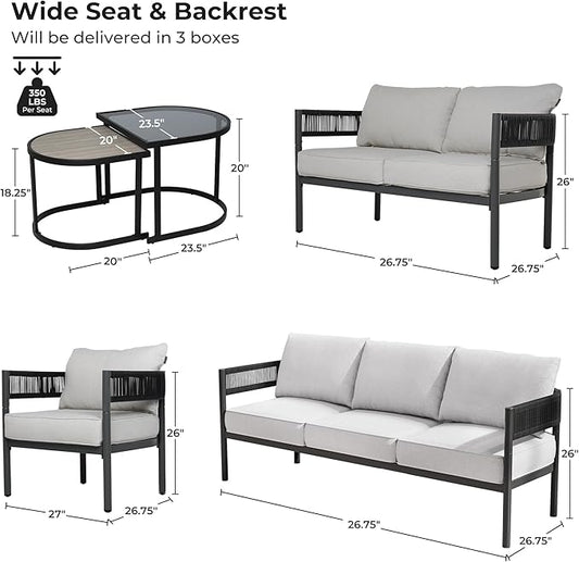Grand patio 6-Piece Outdoor Furniture Set, 7 Seats Wicker Sofa Conversation Set with 3-Seat Couch, Thick Cushions and Coffee Table, for Backyard, Balcony, Garden (Beige)
