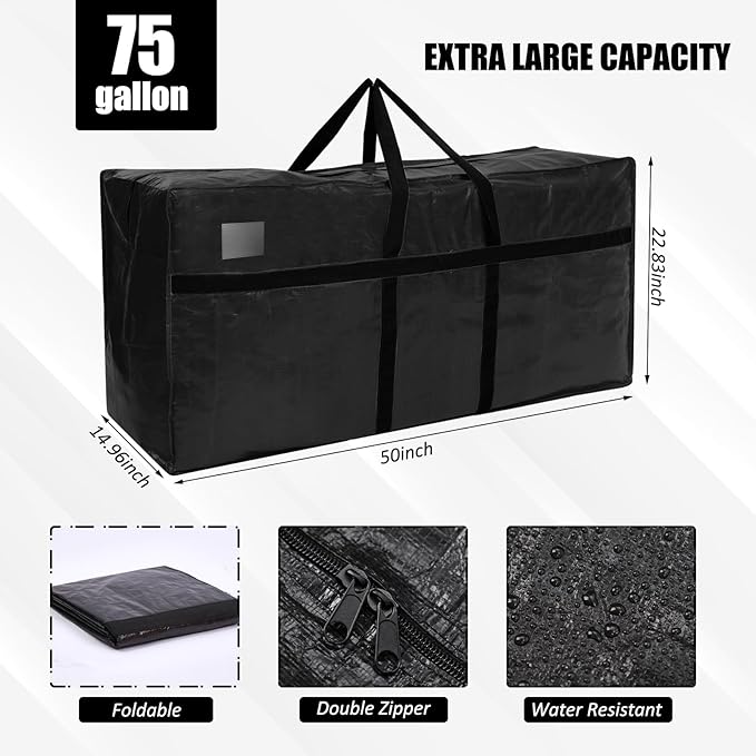Windyun 4 Pack 75 Gallon Extra Large Storage Bags XXL Moving Bags with Zipper Handles Heavy Duty Jumbo Big Tote Box for Christmas Tree Storage 4, 5, 7.5, 9, 10, 12 ft Skeleton College Dorm(Black)