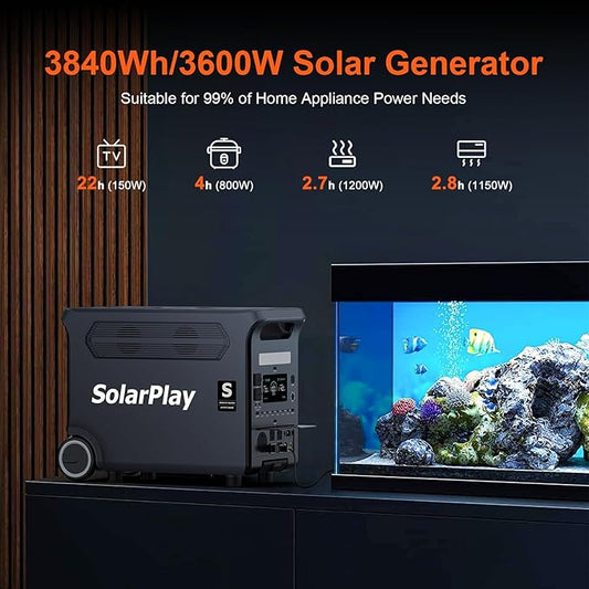 SolarPlay Q3600 Portable Power Station, 3600W AC Output(Surge 5500W) 3840Wh LiFePO4 Battery Solar Powered Generator, Essential Home Backup for Home Use, Power Outages, RV, Camping, Outdoor Adventures