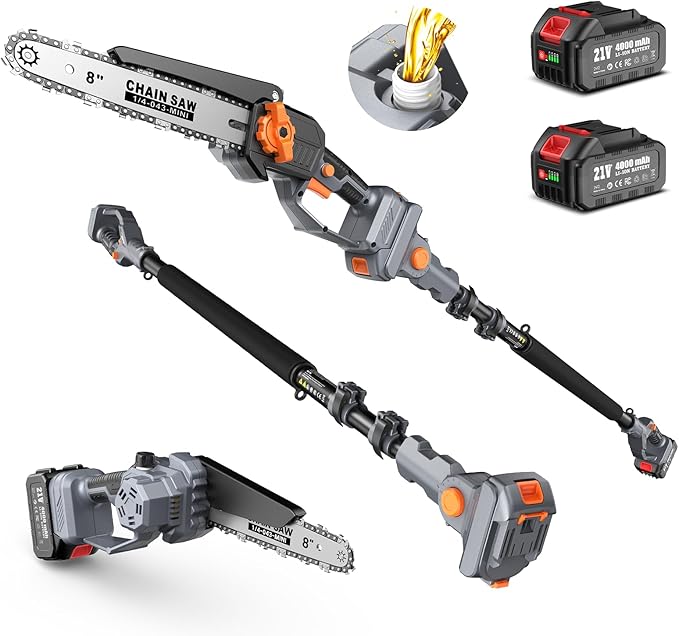 TaskStar 2-in-1 Pole Saw for Tree Trimming, 8 Inch Cordless Mini Chainsaw with Extension Pole, Brushless Motor, with 2 x 4.0 Ah Batteries & Charger, Auto Lubrication, 15 Ft Max Reach