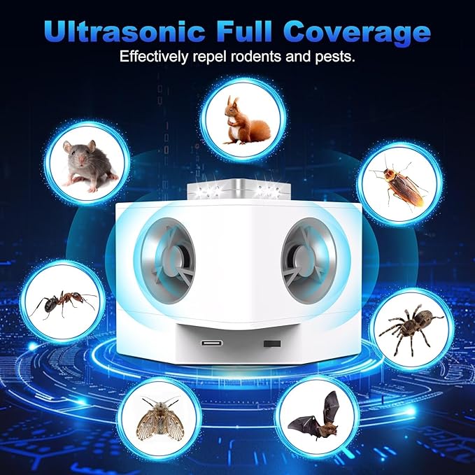 Upgraded Safe & Eco-Friendly Ultrasonic Pest Repellent Indoor, 360° Full Coverage with LED Strobe, Non-Toxic Rodent Insect Deterrent for Mice Rats Spiders Control - House Basement Garage and etc.01