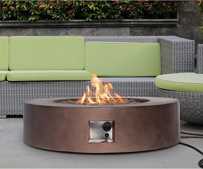 SUNBURY Outdoor 42-Inch Propane Fire Pit,Dark Brown Concrete Patio Fire Table 50,000 BTU w Waterproof Cover, Lava Rocks