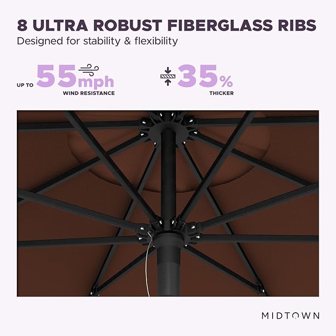 Midtown Umbrellas Push Pop Sunbrella Umbrella 10 Feet Large Outdoor Umbrella With Bay Brown Acrylic Fabric - Deck Patio Umbrella, Backyard Umbrella, Garden Umbrella & Pool Umbrella - Black Pole