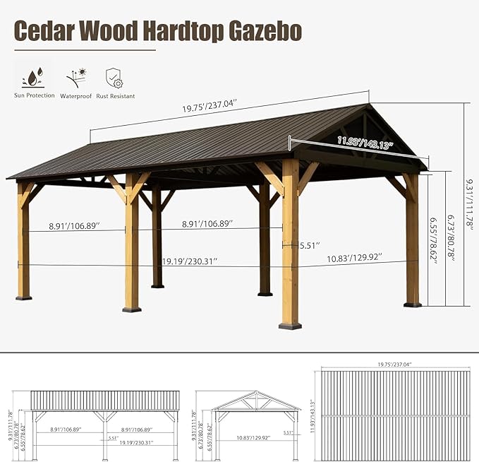 Domi Cedar Wood Gazebo 12’x20’ Hardtop Gazebo with Galvanized Steel Gable Roof, Outdoor Gazebos for Patio, Permanent Pergola for Deck, Backyard