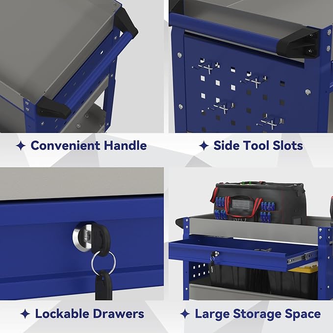 3 Tier Rolling Tool Cart with Drawer, 450 LBS Heavy Duty Utility Cart on Wheels, Service Cart for Garage, Workshop and Warehouse (Gray&Blue)