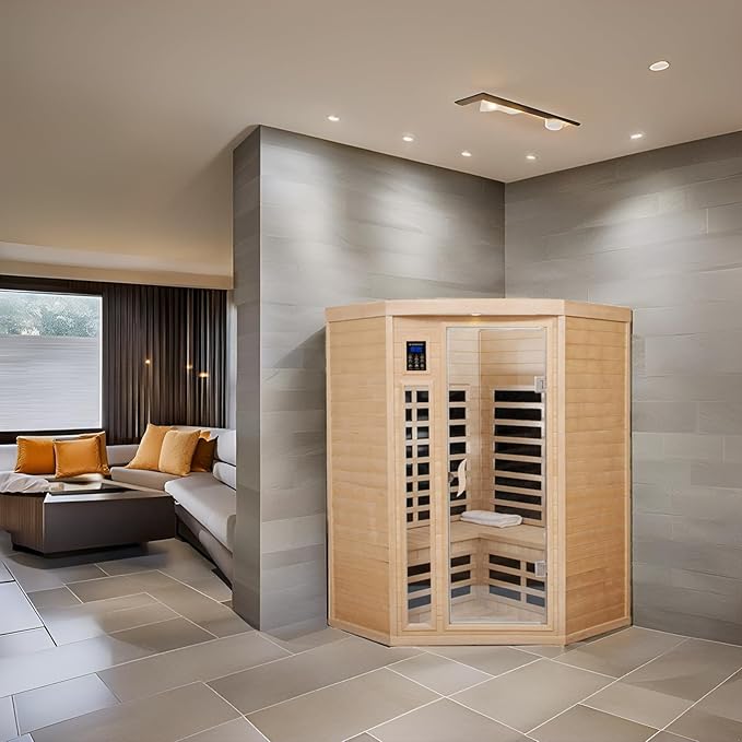 Far Infrared Sauna Low EMF Wooden Saunas for Home, 2-3 Person Indoor Home Saunabox, 1600watt Canadian Hemlock Sauna Room with Blue-Tooth, LCD, 10 Minutes Pre-Warm up