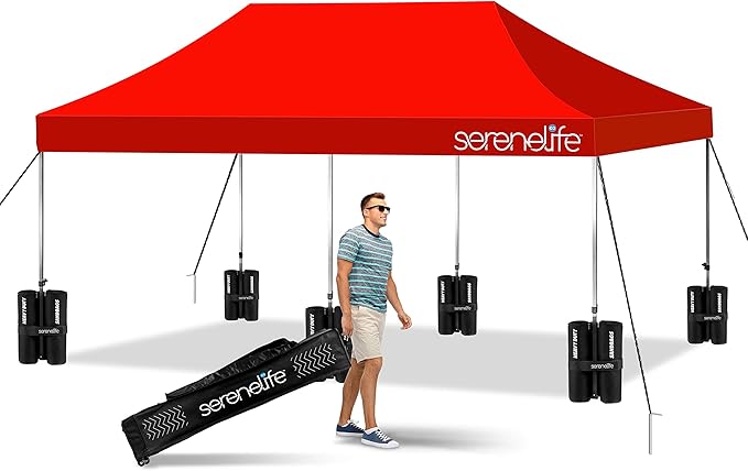Pop Up Tent Commercial Instant Shelter - Waterproof Polyester Tent With Portable Wheeled Carry Bag And Sand Bag, 10 X 20 Ft. (Red)
