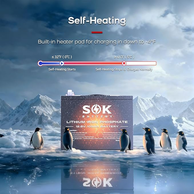 SOK Battery LiFePO4 Lithium Battery Built-in Heater, BMS Protection Low-temp Protection, Cycles 1280Wh 12V Deep Cycle LiFePO4 Battery for Trolling Motors Boat Marine RV, and Solar
