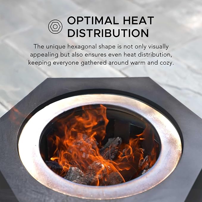 Sunjoy Fire Pit Smokeless 26 in. Hexagonal Outdoor Fire Pit, Patio Wood Burning Smokeless Firepit w/PVC Cover and Fire Poker, Ideal for Camping, Bonfire, and Backyard, Black