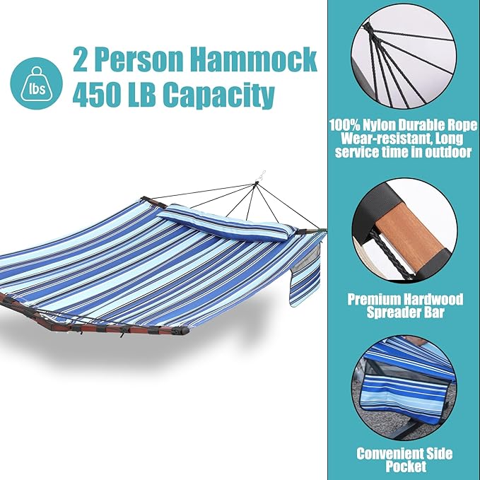 TegerDeger 12FT 2 Person Hammock Large Hammock 450LB Capacity with V Shaped Hardwood Spreader Bar & Nylon Rope for Outside, Patio, Garden, Backyard, Beach, Poolside - Blue Stripes