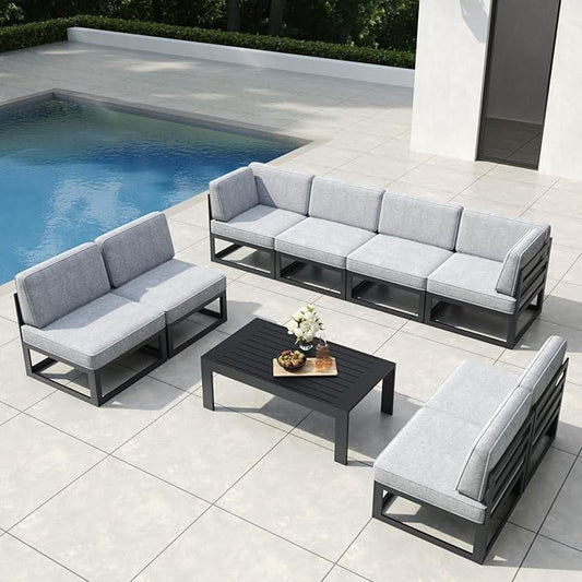 9 Pieces Aluminum Patio Furniture Set with Coffee Table, Metal Outdoor Conversation Sofa Set with Seating Cushions