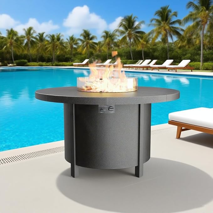 48" Round Propane Fire Pit Table with Lid, 40,000 BTU Outdoor Gas Fire Pits CSA Certified for Outside Steel Tabletop Fire Pit with Blue Glass Rock&Windshield Glass for for Patio, Balcony,Garden