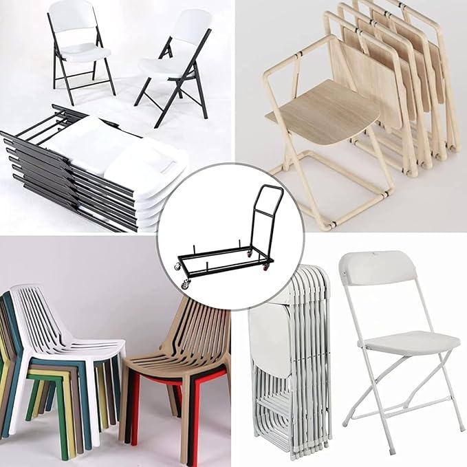 Folding Chair Dolly with 2 Swivel Casters, Brakes& 2 Fixed Straight Casters, L-Shaped Steel Storage Cart Commercial & Home Kitchen Folding Chairs Racks