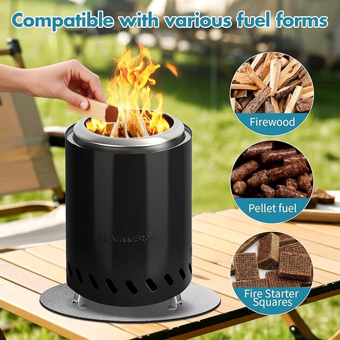 9.7 x 7.1 Inch Tabletop Fire Pit by AmazStove, Low Smoke Camping Stove for Outdoor Safe Burning Firepits, Fueled Pellets or Wood, Travel Bag Included (Black, 9.7 x 7.1 INCH)