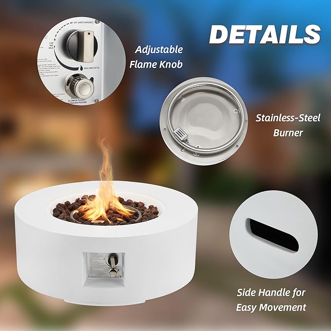 ECOTOUGE Round Propane Fire Pit, 30 Inch Outdoor Gas Fire Pit Table, Steel Fire Table w/50,000 BTU Auto-Ignition, Weather-Resistant Pit Cover, Lava Rocks, No Tank Holder, White