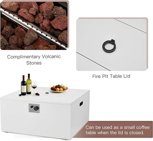ECOTOUGE 2 Piece 32" Square Propane Fire Pit Table wirh Tank Holder, 50,000 BTU Outdoor Gas Fire Pit with Lid, Steel Fireplace w/Weather Cover, Lava Rocks for Patio, CSA Certified, White