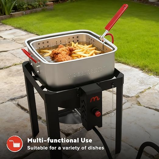 Megamaster 12QT Outdoor Propane Deep Fryer Pot Kit with Basket, 54,000 BTU Gas Aluminum Fish Fryer Kit, 0-10 PSI Regulator, 5" Thermometer, For Chicken Wings, Seafood, French Fries - 840-45009