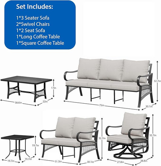 6 Piece Patio Furniture Set, 2 Single Swivel Chairs, Rope Braided Exposed with Thick Cushions, Outdoor All Weather Patio Conversation Sectional Sofa Set for Garden, Porch, Lawn, Beige