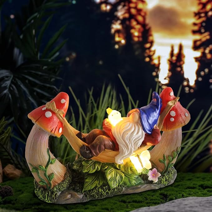 Sinhra Outdoor Garden Gnome Statue,Solar Gnomes Figurine Lying on Hammock with Bird and Mushrooms,Outdoor Garden Decoration for Patio Yard Lawn Porch,Gifts for Mom/Grandma/Women