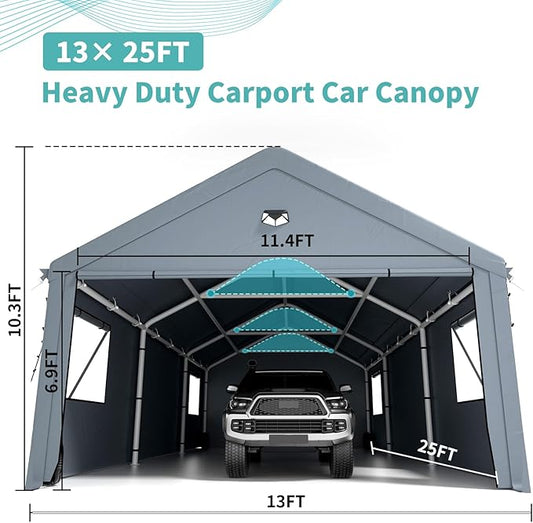 13X25FT Carports Heavy Duty,Car Ports with 180G Removable Side Wall,Portable Car Port Garage,Carport Canopy,Car Shelter All Weather,Gray