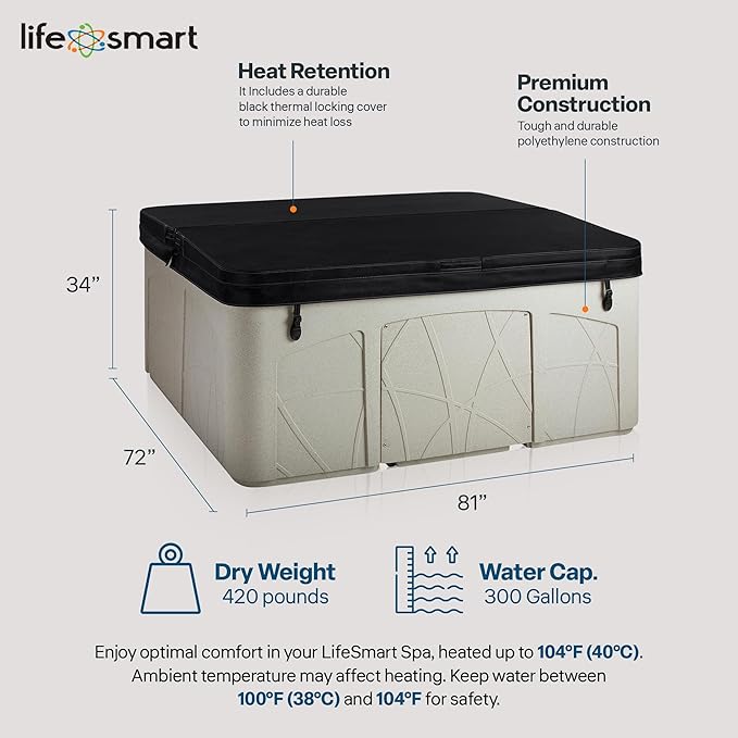 LifeSmart 5-Person Hot Tub – Outdoor Spa with 28 Jets, LED Lights, Waterfall, Ozonator & Cover – Sand-Colored Above-Ground Spa for Home Use