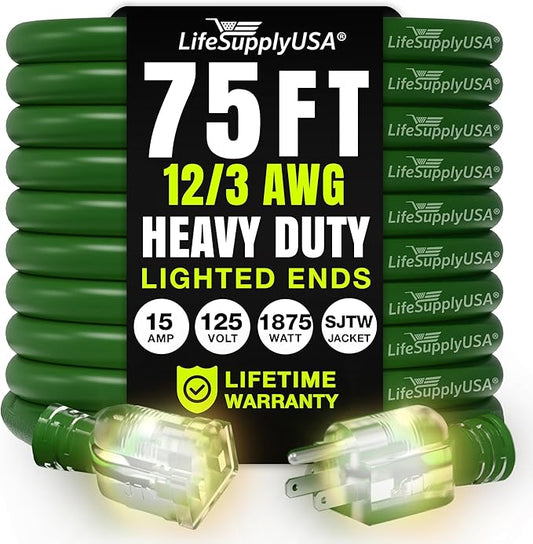 75ft Outdoor/Indoor Extension Cord 12/3 Gauge Extra Heavy Duty 3 Prong SJTW, Waterproof, Flexible Cold-Resistant Long Power Cord,15A 125V 1875W, Green by LifeSupplyUSA