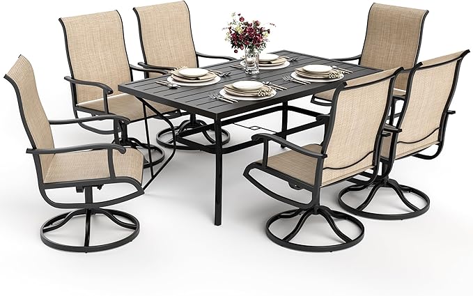 7-Piece Outdoor Dining Set, Patio Furniture Set with Textilene Swivel Chairs,Outdoor Table & 6 Chairs for Garden, Backyard, Poolside, Deck, Beige
