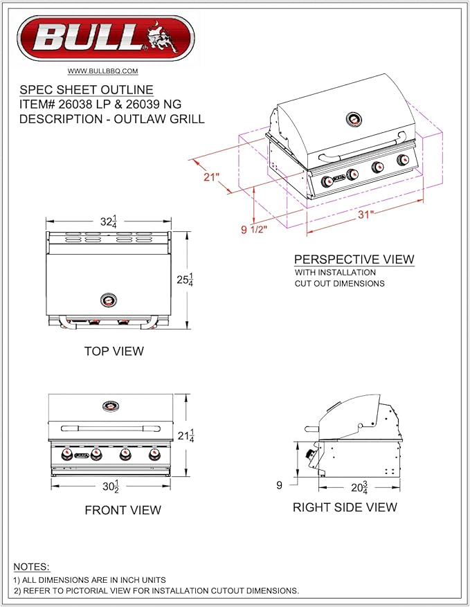 Bull Outlaw 30-Inch Built-In Grill (BG-26039), Natural Gas