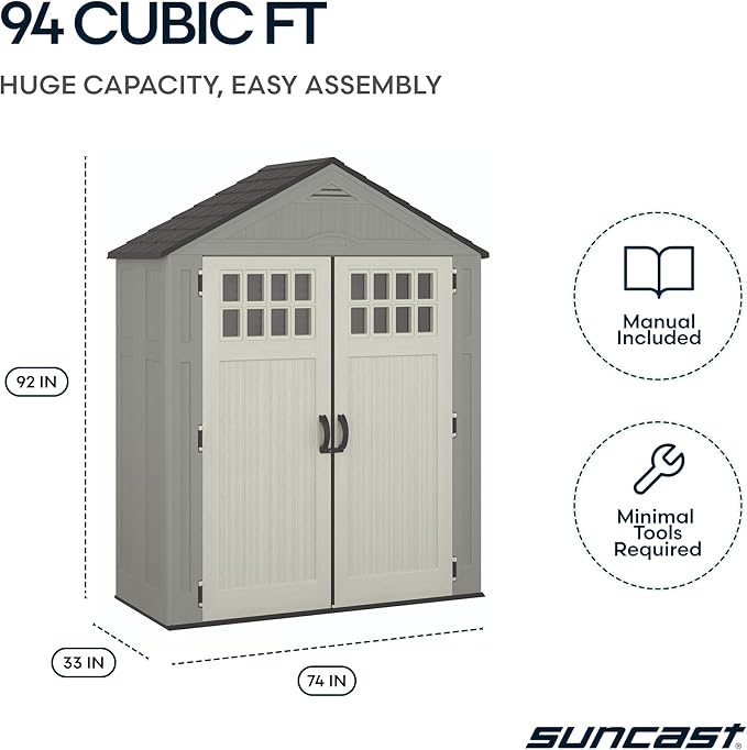 Suncast Everett 6x3 ft Vertical Storage Shed - Resin Plastic Outdoor Garden Shed with Floor, Windows, Skylight & Lockable Double Doors. Slim Yard Storage for Utility Tools & Backyard Equipment