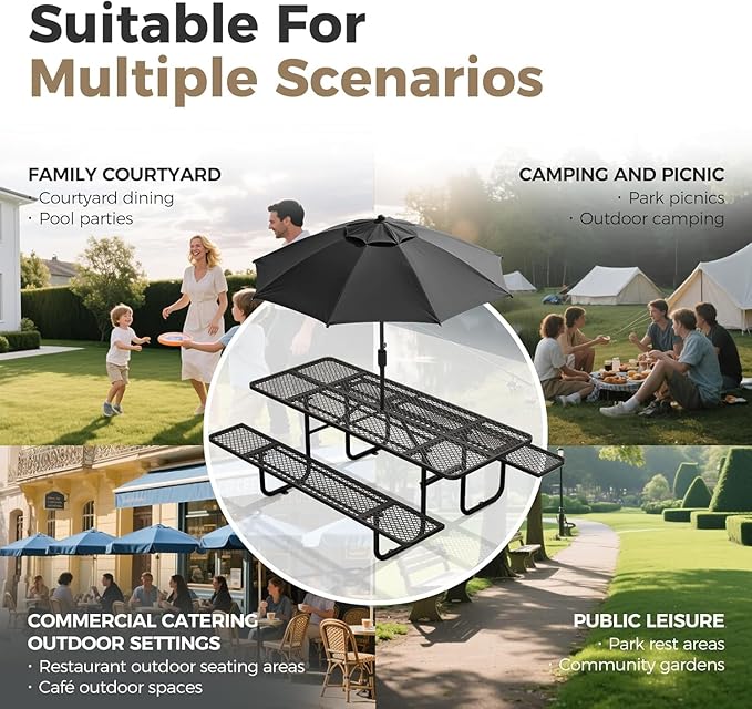 KUFUH 72" Coated Round Metal Picnic Table for 4-6 Person, Durable Heavy Duty Commercial Picnic Table with Umbrella Hole for Outdoor Coffee Shop, School, Easy to Install, Black
