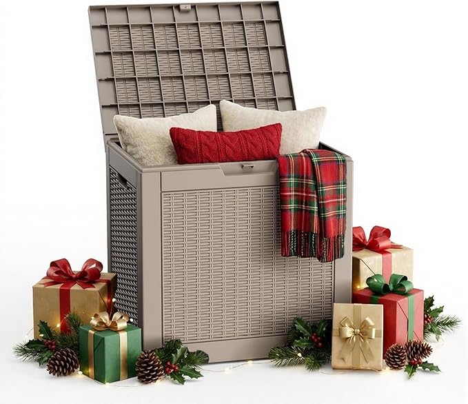 30 Gallon Outdoor Storage Box Waterproof,Outside Delivery Package Deck Box with Lockable Lid,Poolside Storage Bin for Garden Tools,Patio Cushion,Light Brown Rattan