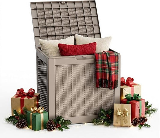 30 Gallon Outdoor Storage Box Waterproof,Outside Delivery Package Deck Box with Lockable Lid,Poolside Storage Bin for Garden Tools,Patio Cushion,Light Brown Rattan
