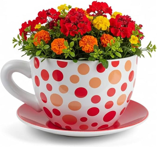 7.5" Round Ceramic Teacup Shape Planter Pot with Saucer for Succulents Orchids Herbs Cactus Indoor Houseplants Flowers for Home Garden and Event Decor – Orange Polka Dot Planter