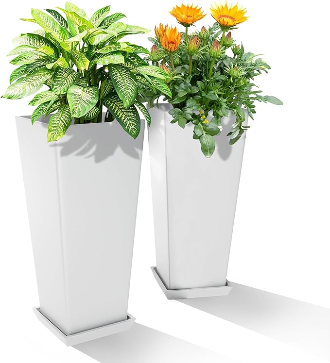 24" Tall Planters for Outdoor Plants, Set of 2 Large Outdoor Planters for Front Porch Decor with Drainage Hole, Front Porch Decor(White)