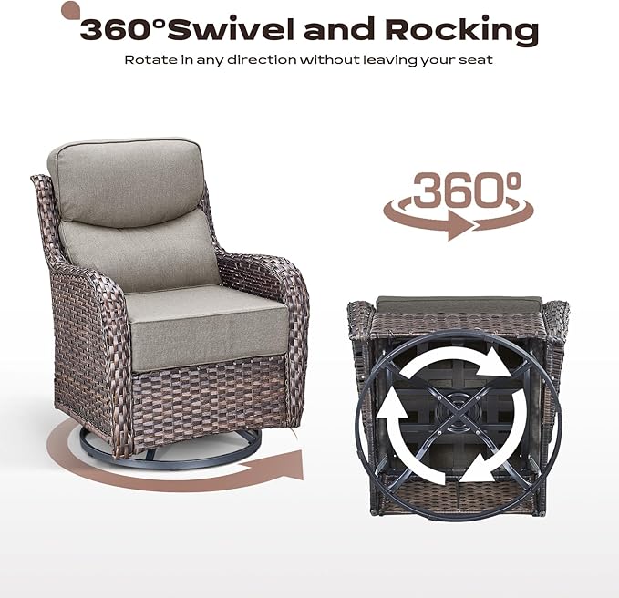 Rilyson Wicker Outdoor Patio Furniture Set - 8 Piece Patio Conversation Sets with Swivel Rocker Chairs, Ottomans, Sofa and Coffee Table, 6 inch Cushions, Deep Seating, for Porch Deck Brown/Beige
