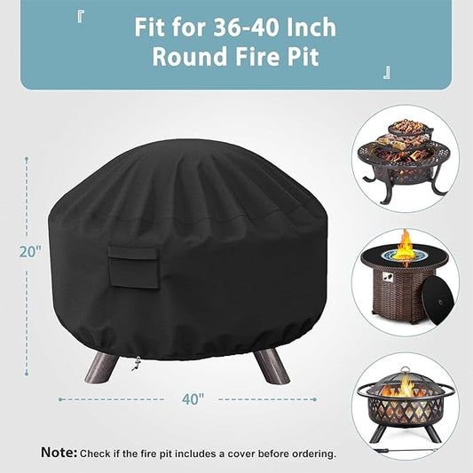 SHINESTAR Round Fire Pit Cover, Fits for 36-40 Inch Firebowl with Drawstring and Built-in Vents, Waterproof & Windproof, 40 Dia x 20 H, Black