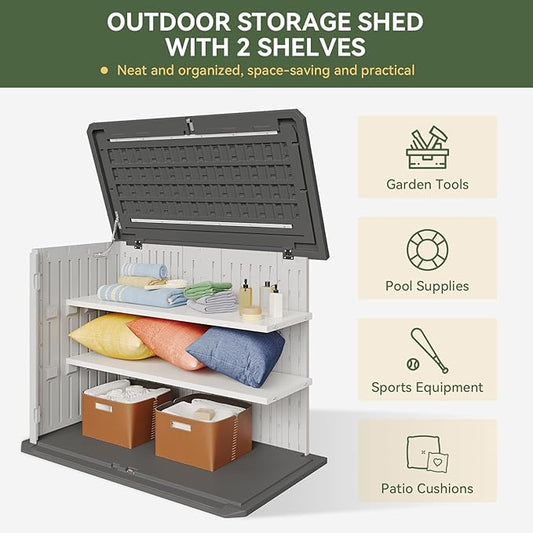 Aoxun White Outdoor Storage Cabinet with 2 Shelves, 35 Cu.Ft Trash Can Storage Shed, Waterproof, Horizontal Storage for Garbage Bin, Generator, Lawn Mower