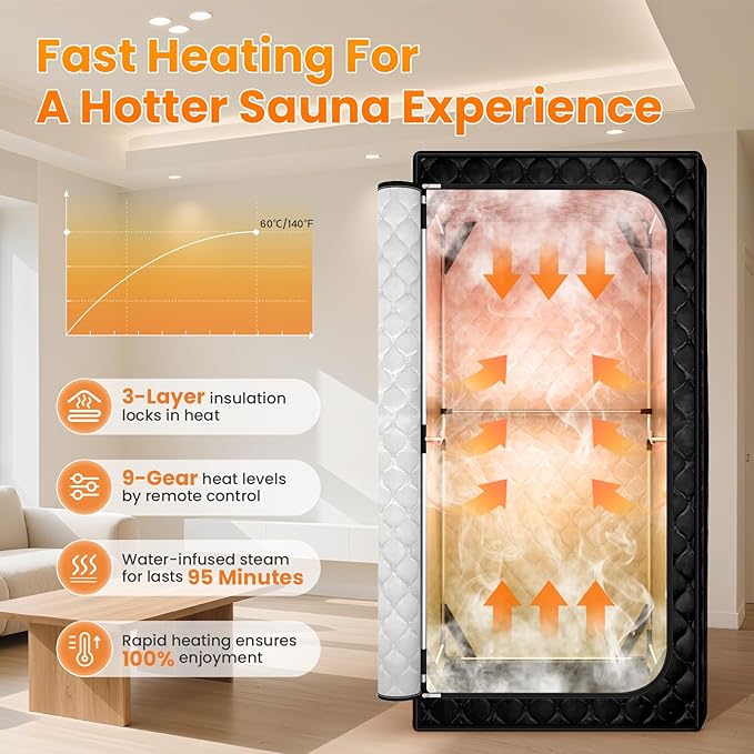 Portable Sauna for Home, Upgraded Personal Steam Sauna Box with 3L 1300W Steamer, Folding Chair, Extra Large Size Foldable Home Sauna 3’X 3’X 5.9’, Full Body Sauna Tent for Relaxation Spa, Black