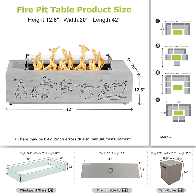 Dineli Propane Fire Pit Table 42 Inch Gas Fire Pits & Outdoor Fireplaces w LED, Tabletop Fire Pit Firepits for Outside Patio, 50,000 BTU (Light Gray, Christmas Pattern with RGB Light)