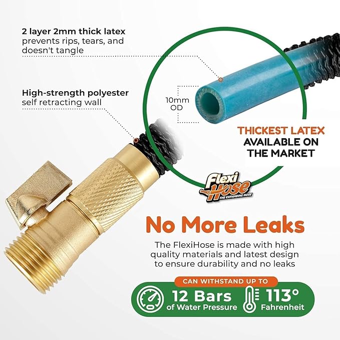 Flexi Hose Expandable Garden Hose with 8 Function Nozzle, 75FT - Lightweight Retractable Garden Hose, Water Hose - No-Kink Flexibility, 3/4 Inch Solid Brass Fittings and Double Latex Core