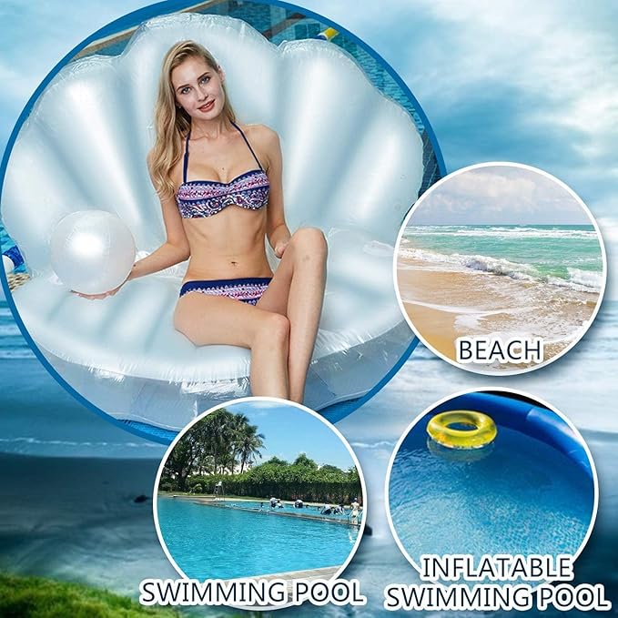 actoper Inflatable Seashell Swimming Pool 55 inch Inflatable Floating Ball Giant Bed Mattress Beach Seashore Shell Shaped Water Sofa Air Cushion Beach Mermaid Ocean Theme Party Decor