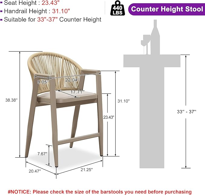 PURPLE LEAF Outdoor Counter Height Bar Stool Set of 4 Wicker Woven Counter Stools Bar Chairs Barstool for Patio Kitchen Island Lawn Champagne