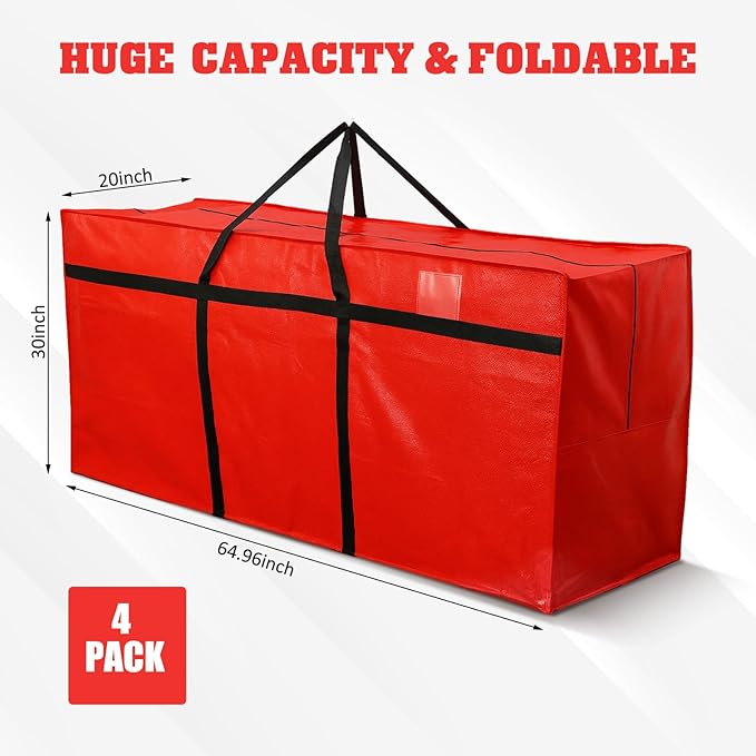 Windyun 4 Pack 168 Gallon Extra Large Storage Bags XXL Moving Bags with Zipper Handles Heavy Duty Jumbo Big Tote Box for Christmas Tree Storage 4, 5, 7.5, 9, 10, 12 ft Skeleton College Dorm(Red)